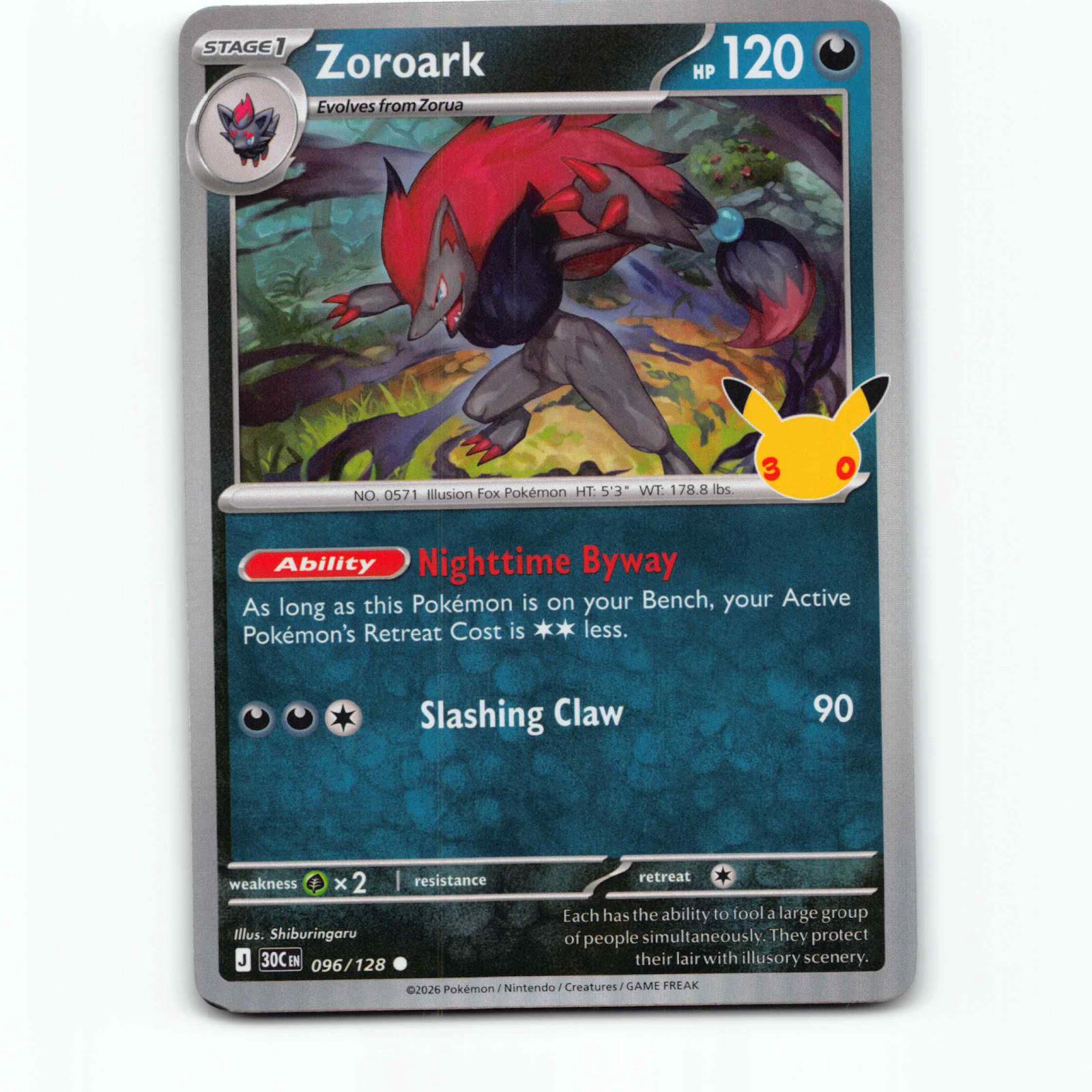 Zoroark 96 Holo Pokémon 30C EN 096/128 30th Celebration Pokemon Kort