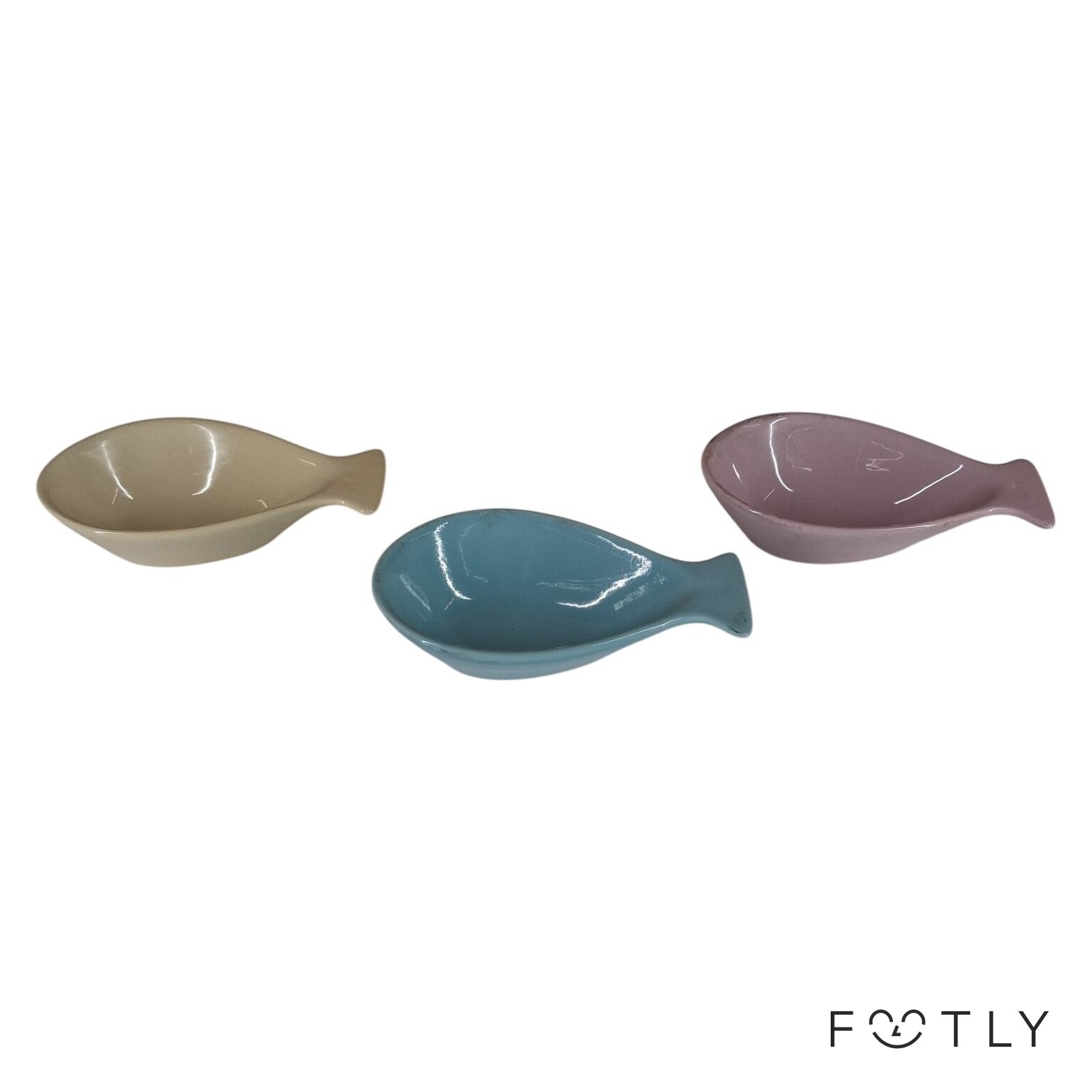3 st Fiskformade Skålar Keramik Pastell Gul Blå Rosa Fat Vintage