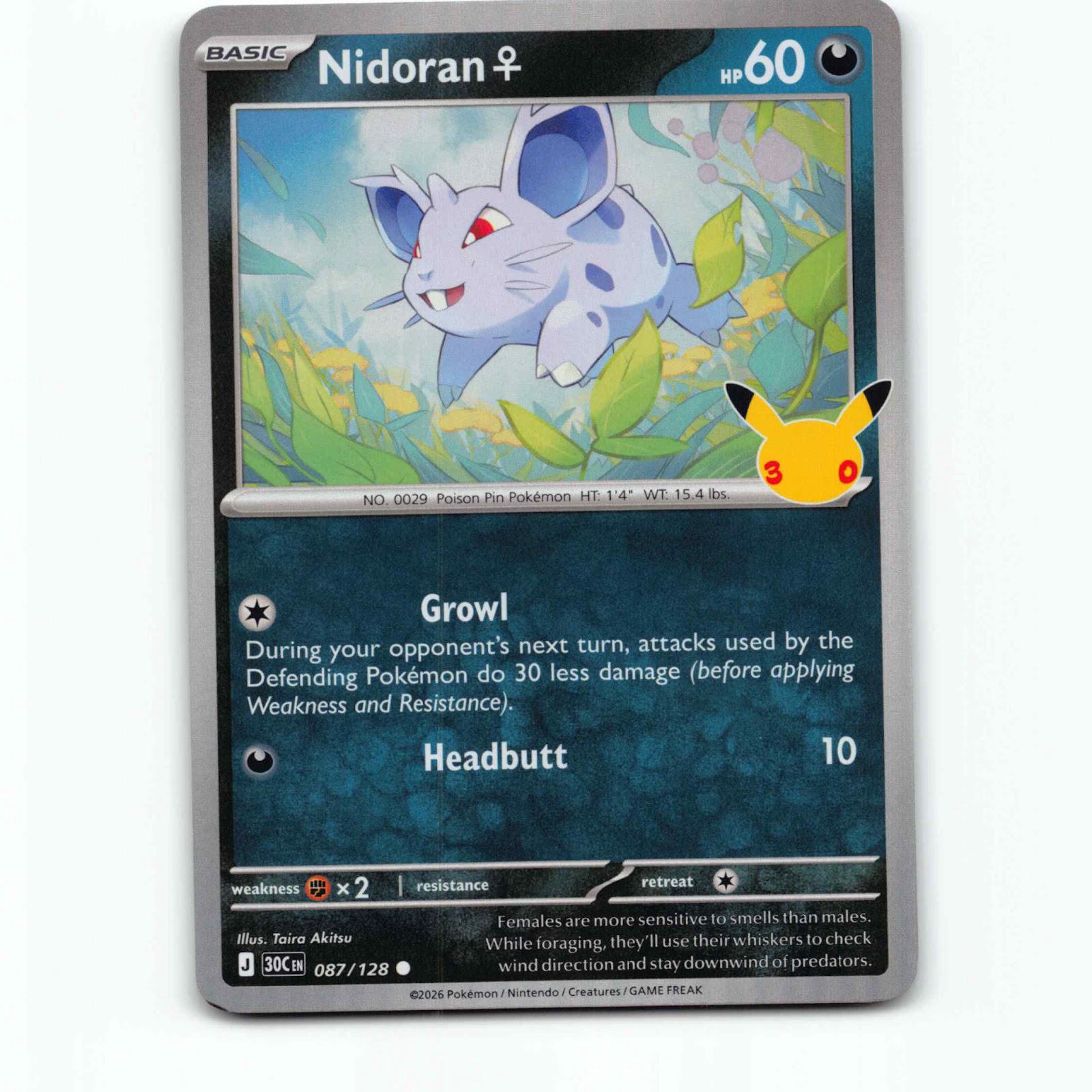 Nidoran 87 Holo Pokémon 30C EN 087/128 30th Celebration Pokemon Kort